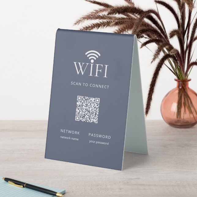 Modern Guest WiFi Password QR Code Muted Blue (In SItu (Table))