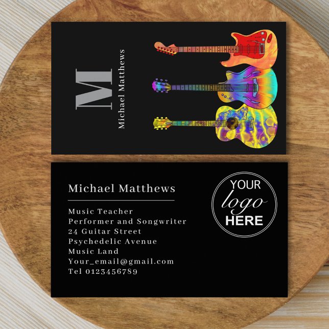 Modern Guitar Teacher Custom Logo Business Card (Guitar teacher logo custom business card with colorful guitars and monogram)