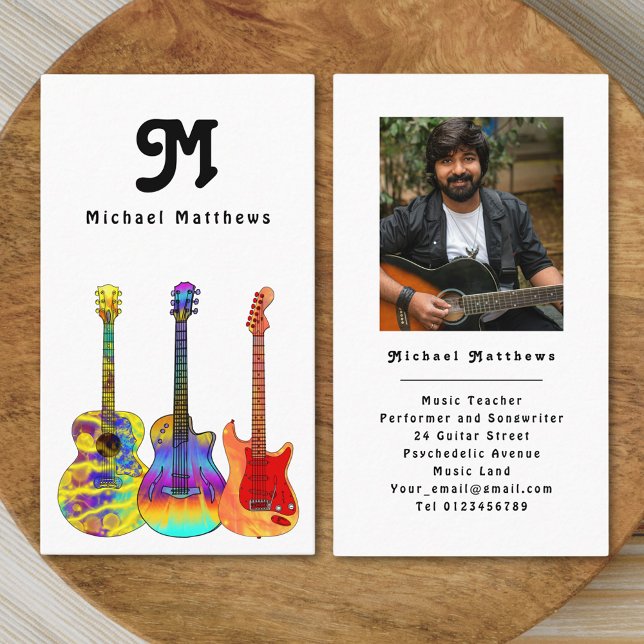 Modern Guitar Teacher Custom Photo Business Card (Modern retro guitar music teacher professional musician photo black and white simple Business card )
