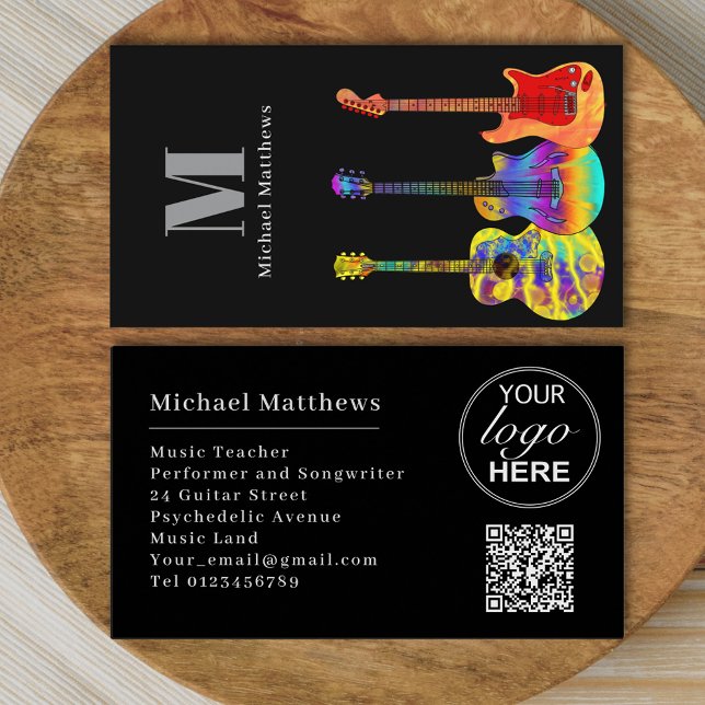 Modern Guitar Teacher Custom QR Code and Logo Business Card (Modern guitar music teacher professional musician logo qr code black Business card)