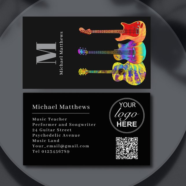 Modern Guitar Teacher Custom QR Code and Logo Business Card (Guitar teacher custom business card with personalized logo and website qr code)