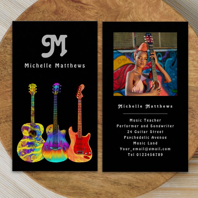 Modern Guitar Teacher Musician Custom Photo Business Card (Retro Modern guitar music teacher musician photo Business card colorful acoustic electric guitars)