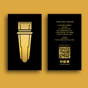 Modern Hair Clipper black & Gold Qr Code Business Card