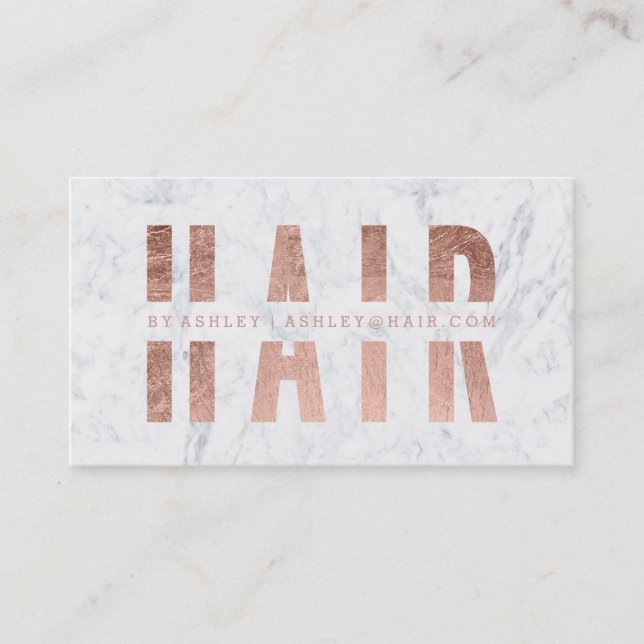 Modern hair cut out rose gold typography marble business card (Front)