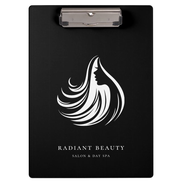 Modern Hair Salon Feminine Silhouette Logo Black Clipboard (Front)