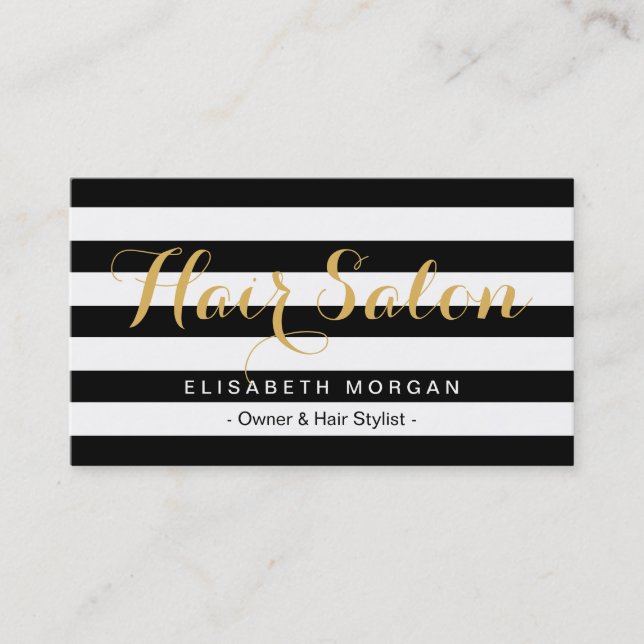 Modern Hair Salon Gold Script Black White Striped Business Card (Front)
