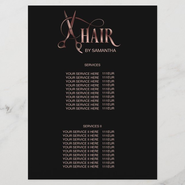 Modern Hair Salon Hair Stylist Scissors Rose Gold Menu (Front)