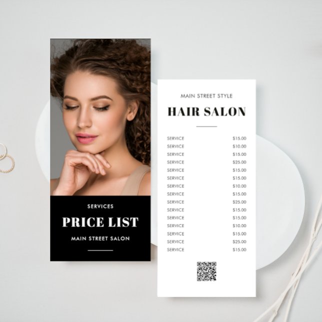 Modern Hair Salon Photo QR Code Price List Rack Card (Creator Uploaded)