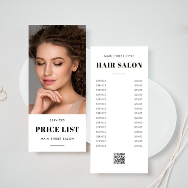 Modern Hair Salon Photo QR Code Price List Rack Card (Creator Uploaded)