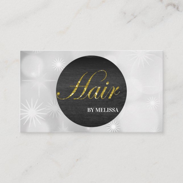 Modern Hair Stylist Black Circle Silver Dots Business Card (Front)