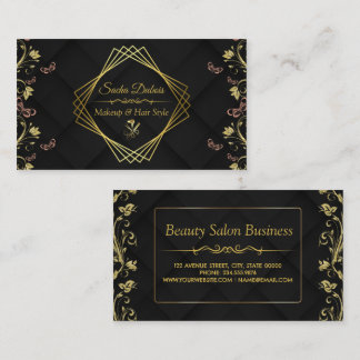 Modern Hair Stylist Black Floral Gold Beauty Salon Business Card