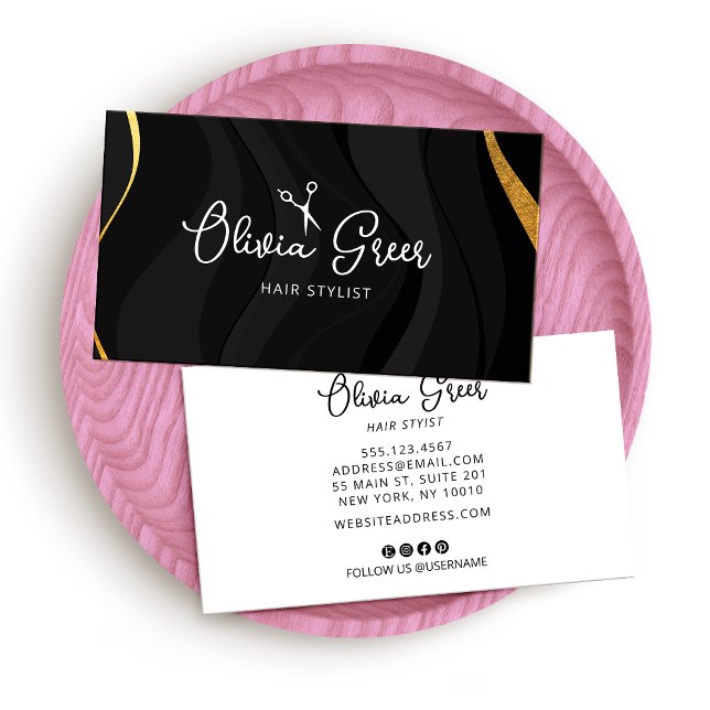 Modern Hair Stylist Black Gold Script Business Card (Creator Uploaded)