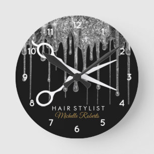 Modern Hair Stylist black Silver Glitter Clock
