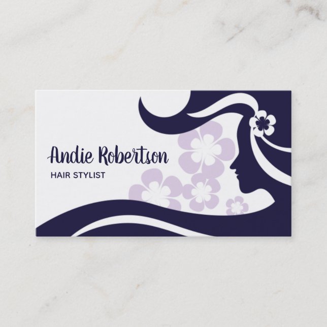 Modern Hair Stylist Blue and White Business Card (Front)