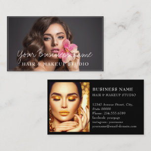 Modern hair stylist customer photos elegant script business card