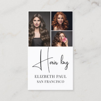 Modern hair stylist customer photos elegant script business card