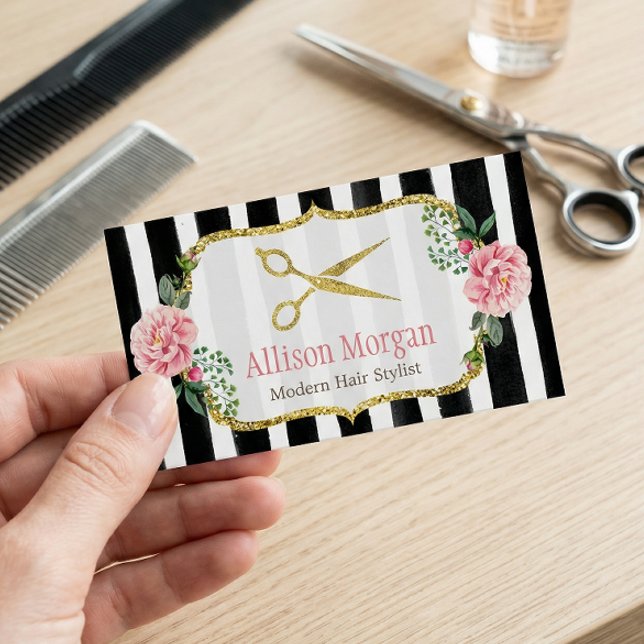 Modern Hair Stylist Girly Gold Pink Floral Striped Business Card (Creator Uploaded)
