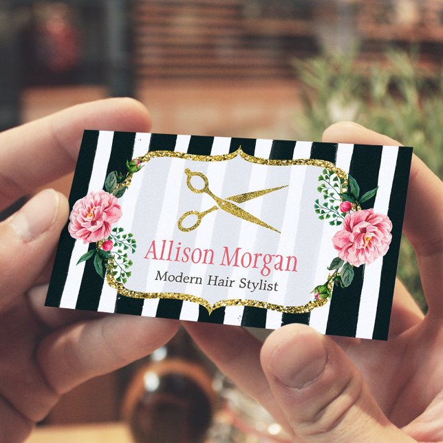 Modern Hair Stylist Girly Gold Pink Floral Striped Business Card (Creator Uploaded)