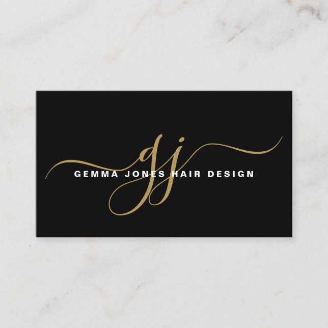 Modern Hair Stylist Gold Script Monogram Black Business Card (Front)