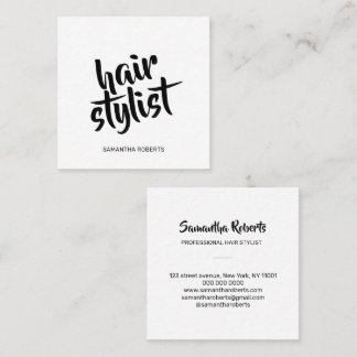 Modern hair stylist minimal script white and black square business card