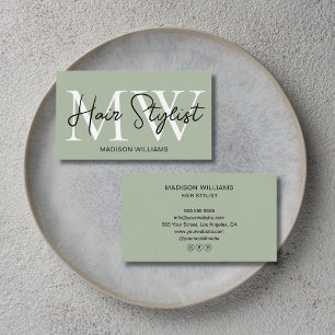 Modern Hair Stylist Monogram Sage Green Business Card