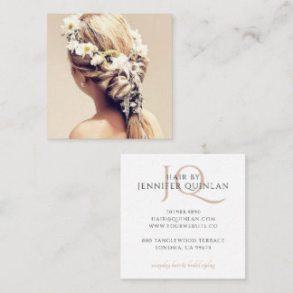 Modern Hair Stylist Monogrammed Photo Square Business Card