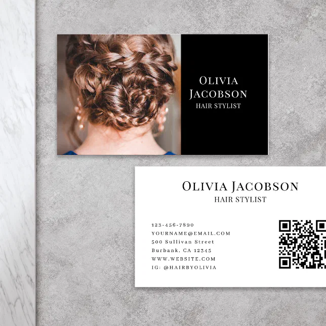 Modern Hair Stylist Photo QR Code Business Card | Zazzle