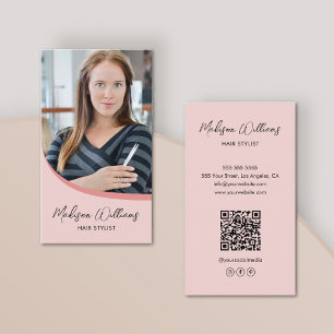 Modern Hair Stylist Photo QR Pink Business Card