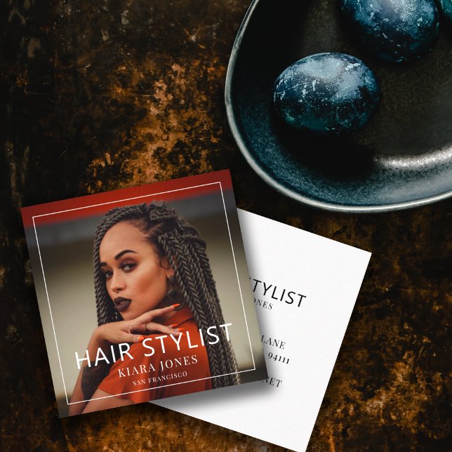 Modern Hair Stylist Photo Square Business Card (Creator Uploaded)