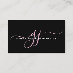 Modern Hair Stylist Pink Script Monogram Black Business Card