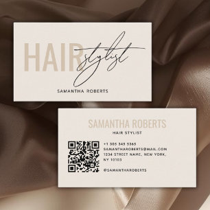 Modern hair stylist QR Code cream Business Card