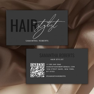 Modern hair stylist QR Code grey black Business Card