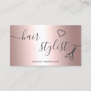 Modern hair stylist rose gold metallic scissors business card