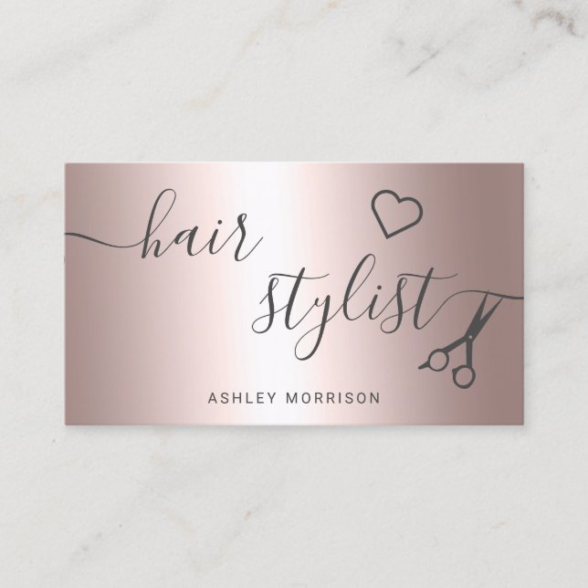 Modern hair stylist rose gold metallic scissors business card (Front)