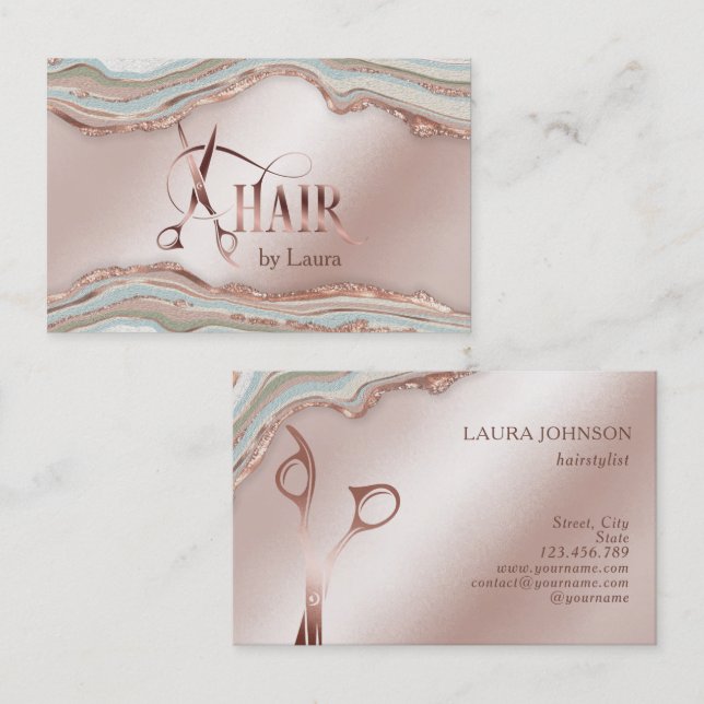 Modern Hair Stylist Rose Gold Scissors Business Ca Card (Front/Back)