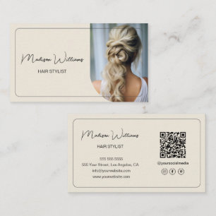 Modern Hair Stylist Salon Photo QR Code Cream Business Card
