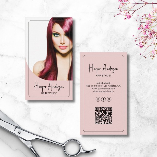 Modern Hair Stylist Salon Photo QR Pink Business Card (Modern Hair Stylist Salon Photo QR Pink Business Card)