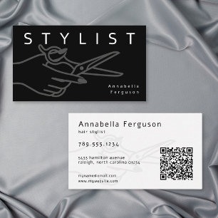 Modern Hair Stylist Scissor Minimal Black White QR Business Card