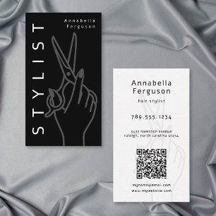 Modern Hair Stylist Scissor Minimal Black White QR Business Card