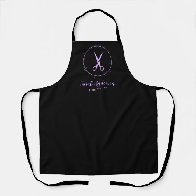 Modern Hair Stylist Scissors Black Purple Name Apron (Front)