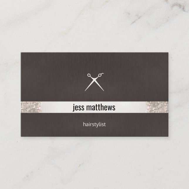 Modern Hair Stylist Scissors Logo Silver Sequin Business Card (Front)