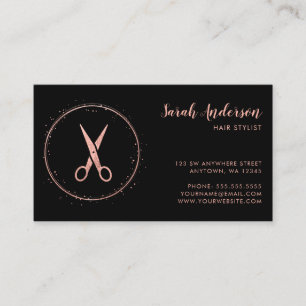 Modern Hair Stylist Scissors Rose Gold Black Business Card
