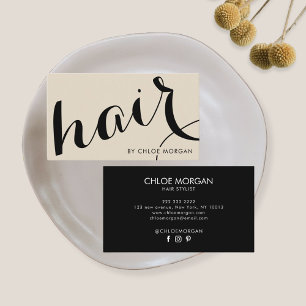 Modern hair stylist script beige business card