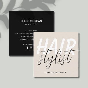 Modern hair stylist script beige square business card