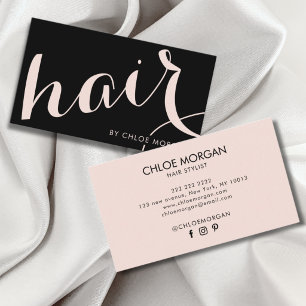 Modern hair stylist script black blush pink business card