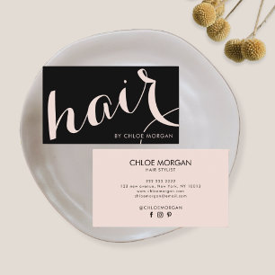 Modern hair stylist script black blush pink business card