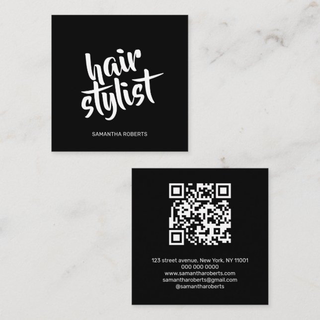 Modern hair stylist script black qr code square business card (Front/Back)
