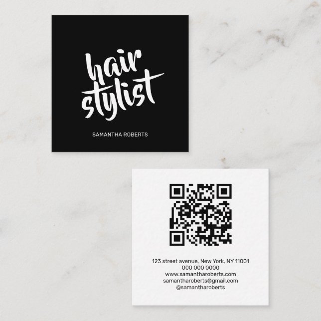 Modern hair stylist script black white qr code  square business card (Front/Back)