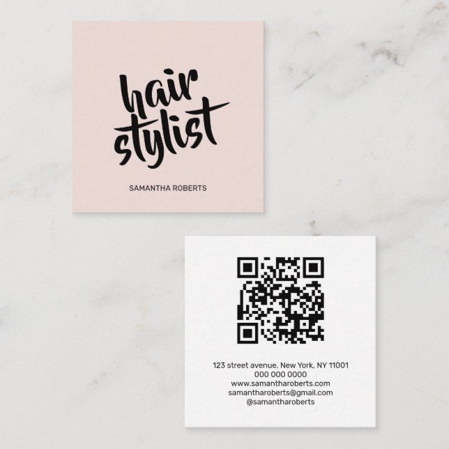 Modern hair stylist script blush pink qr code  square business card (Front/Back)