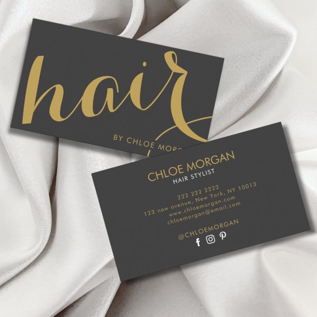 Modern hair stylist script grey gold  business card (Creator Uploaded)